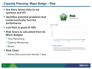 105
Capacity Planning: Major Badge – Risk
  Are there future risks to my
systems and VI?
  Identifies potential problems that
could eventually hurt the
performance
  Low Risk is good (0-100)
  Risk Score is calculated from its
Minor Badges
•  Time Remaining
•  Capacity Remaining
•  Stress
  Risk Chart
•  Shows Risk score over the last 7 days
 