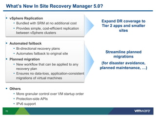 70
What’s New In Site Recovery Manager 5.0?
  vSphere Replication
•  Bundled with SRM at no additional cost
•  Provides simple, cost-efficient replication
between vSphere clusters
  Automated failback
•  Bi-directional recovery plans
•  Automates failback to original site
  Planned migration
•  New workflow that can be applied to any
recovery plan
•  Ensures no data-loss, application-consistent
migrations of virtual machines
  Others
•  More granular control over VM startup order
•  Protection-side APIs
•  IPv6 support
Expand DR coverage to
Tier 2 apps and smaller
sites
Streamline planned
migrations
(for disaster avoidance,
planned maintenance, …)
 