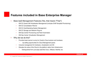 13 Copyright © 2012, Oracle and/or its affiliates. All rights reserved.
Features included in Base Enterprise Manager
•  Base IaaS Management Features (Yes, that means *Free*)
•  EM CC Oracle VM Virtualization Management (includes OVM Template Provisioning)
•  EM CC Consolidation Planner
•  EM CC Host/Operating System Management
•  EM CC Storage and Network Plug-ins
•  EM Ops Center Provisioning and Patch Automation
•  EM Ops Center Virtualization Management
•  Why did we do this?
•  Provides lower barrier to entry for Oracle’s Cloud solution and hardware
•  Up-selling opportunities for Cloud Management packs
•  Inclusive management for hardware, virtualization and OS
•  Elevates the value of the Cloud to the platform rather than infrastructure
•  Distinguished from pure-play IaaS like Cisco, VMware, RedHat, etc
 