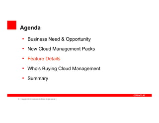 14 Copyright © 2012, Oracle and/or its affiliates. All rights reserved.
Agenda
•  Business Need & Opportunity
•  New Cloud Management Packs
•  Feature Details
•  Who’s Buying Cloud Management
•  Summary
 