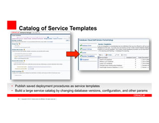 29 Copyright © 2012, Oracle and/or its affiliates. All rights reserved.
Catalog of Service Templates
•  Publish saved deployment procedures as service templates
•  Build a large service catalog by changing database versions, configuration, and other params
09/05/2011
 