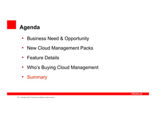 53 Copyright © 2012, Oracle and/or its affiliates. All rights reserved.
Agenda
•  Business Need & Opportunity
•  New Cloud Management Packs
•  Feature Details
•  Who’s Buying Cloud Management
•  Summary
 