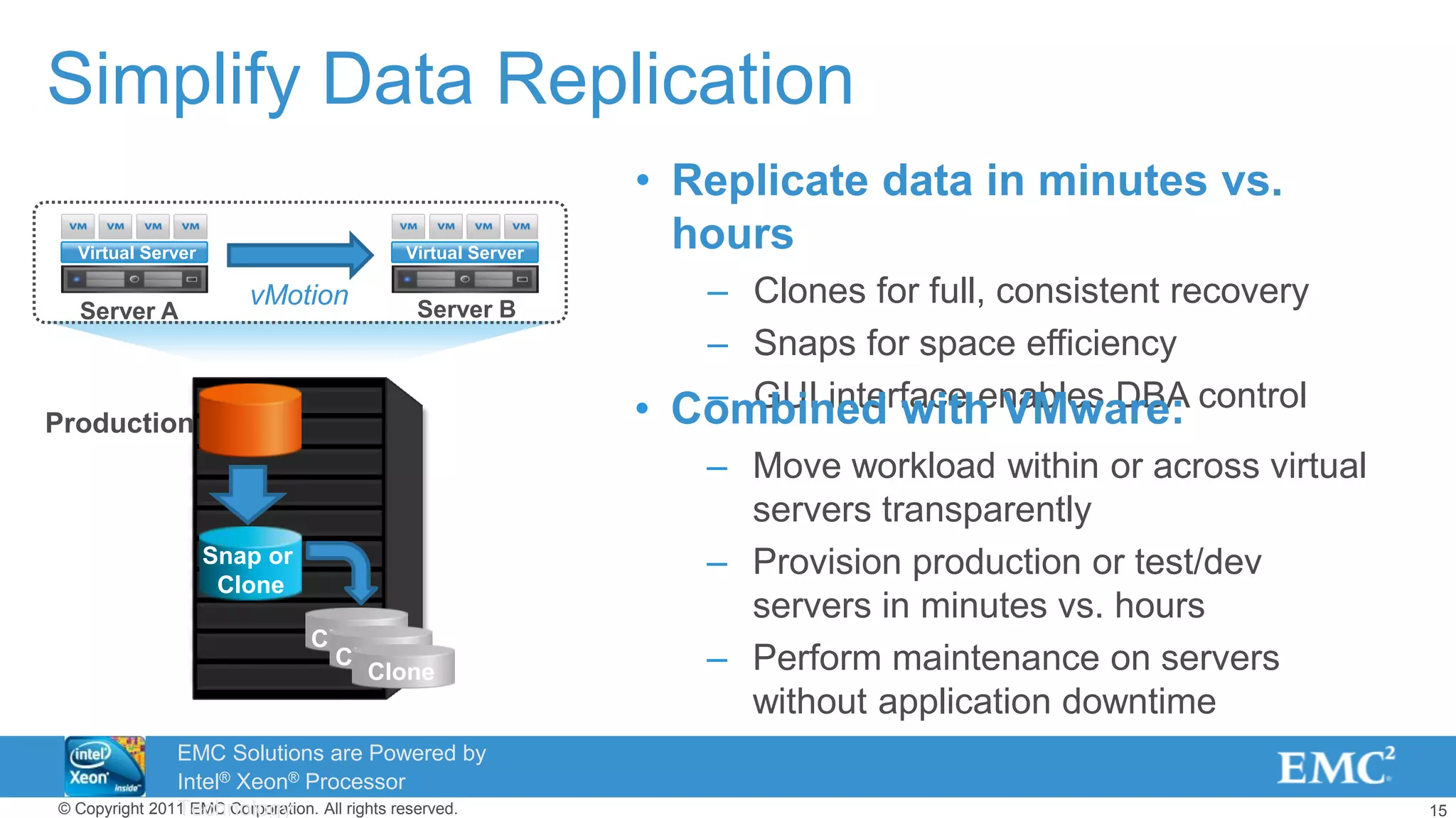 15© Copyright 2011 EMC Corporation. All rights reserved.
Simplify Data Replication
• Replicate data in minutes vs.
hours
– Clones for full, consistent recovery
– Snaps for space efficiency
– GUI interface enables DBA control
CloneDB
Snap or
Clone
CloneDB
Clone
• Combined with VMware:
– Move workload within or across virtual
servers transparently
– Provision production or test/dev
servers in minutes vs. hours
– Perform maintenance on servers
without application downtime
Production
Server A Server B
Virtual Server Virtual Server
vMotion
EMC Solutions are Powered by
Intel® Xeon® Processor
Technology
 