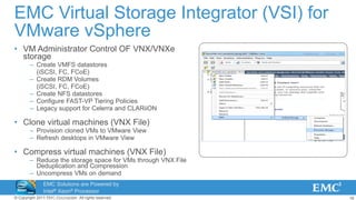 18© Copyright 2011 EMC Corporation. All rights reserved.
EMC Virtual Storage Integrator (VSI) for
VMware vSphere
• VM Administrator Control OF VNX/VNXe
storage
– Create VMFS datastores
(iSCSI, FC, FCoE)
– Create RDM Volumes
(iSCSI, FC, FCoE)
– Create NFS datastores
– Configure FAST-VP Tiering Policies
– Legacy support for Celerra and CLARiiON
• Clone virtual machines (VNX File)
– Provision cloned VMs to VMware View
– Refresh desktops in VMware View
• Compress virtual machines (VNX File)
– Reduce the storage space for VMs through VNX File
Deduplication and Compression
– Uncompress VMs on demand
Celerra
EMC Solutions are Powered by
Intel® Xeon® Processor
Technology
 