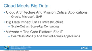 2© Copyright 2011 EMC Corporation. All rights reserved.
Cloud Meets Big Data
• Cloud Architecture And Mission Critical Applications
– Oracle, Microsoft, SAP
• Big Data Impact On IT Infrastructure
– Scale-Out vs. Scale-Up Computing
• VMware = The Core Platform For IT
– Seamless Mobility And Control Across Applications
EMC Solutions are Powered by
Intel® Xeon® Processor
Technology
 