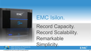 24© Copyright 2011 EMC Corporation. All rights reserved.
EMC Isilon.
Record Capacity.
Record Scalability.
Remarkable
Simplicity.EMC Solutions are Powered by
Intel® Xeon® Processor
Technology
 