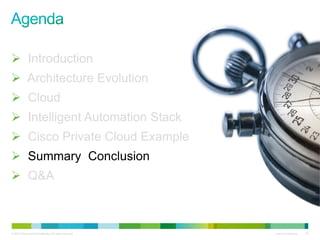 © 2010 Cisco and/or its affiliates. All rights reserved. Cisco Confidential 50
 Introduction
 Architecture Evolution
 Cloud
 Intelligent Automation Stack
 Cisco Private Cloud Example
 Summary Conclusion
 Q&A
 