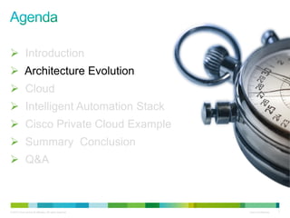 © 2010 Cisco and/or its affiliates. All rights reserved. Cisco Confidential 7
 Introduction
 Architecture Evolution
 Cloud
 Intelligent Automation Stack
 Cisco Private Cloud Example
 Summary Conclusion
 Q&A
 