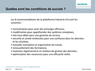March 2014
Unrestricted / © Siemens AG 2014. All Rights Reserved.
Page 121 Sector Industry
Quelles sont les conditions de succès ?
Les 8 recommandations de la plateforme Industrie 4.0 sont les
suivantes :
• normalisation pour avoir des échanges efficaces,
• modélisation pour appréhender des systèmes complexes,
• très haut débit pour une garantie de service,
• sécurité et sûreté renforcées pour une confiance dans les données
et les résultats,
• nouvelle conception et organisation du travail,
• renouvellement des formations,
• évolution réglementaire en matière de gestion des données,
• optimisation des ressources pour une efficacité réelle.
 