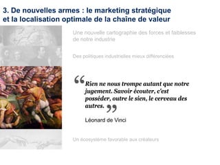 3. De nouvelles armes : le marketing stratégique
et la localisation optimale de la chaîne de valeur
Un écosystème favorable aux créateurs
Rien ne nous trompe autant que notre
jugement. Savoir écouter, c'est
posséder, outre le sien, le cerveau des
autres.
Léonard de Vinci
Une nouvelle cartographie des forces et faiblesses
de notre industrie
Des politiques industrielles mieux différenciées
 