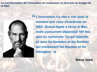 La transformation de l’innovation en croissance ne tient pas au budget de
la R&D
L’innovation n’a rien à voir avec le
montant que vous investissez en
R&D. Quand Apple a lancé le Mac,
notre concurrent dépensait 100 fois
plus en recherche. Ce qui importe,
ce sont les hommes et les femmes
qui composent les équipes et les
managers.
Steve Jobs
“
”
 