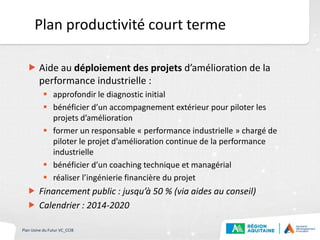 Plan productivité court terme
 Aide au déploiement des projets d’amélioration de la
performance industrielle :
 approfondir le diagnostic initial
 bénéficier d’un accompagnement extérieur pour piloter les
projets d’amélioration
 former un responsable « performance industrielle » chargé de
piloter le projet d’amélioration continue de la performance
industrielle
 bénéficier d’un coaching technique et managérial
 réaliser l’ingénierie financière du projet
 Financement public : jusqu’à 50 % (via aides au conseil)
 Calendrier : 2014-2020
Plan Usine du Futur VC_CCIB
 
