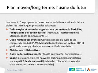 Plan moyen/long terme: l’usine du futur
Lancement d’un programme de recherche ambitieux « usine du futur »
ciblant les thématiques principales suivantes:
 Technologies et nouvelles organisations permettant la flexibilité,
l’adaptabilité de l’outil industriel (robotique, Interface Homme
Machine, objets communicants …)
 Outils numériques avancés: Gestion avancée du cycle de vie
complet du produit (PLM), Manufacturing Execution System, ERP et
gestion de la supply chain, nouveaux outils de simulation…
 Plateformes collaboratives
 Outils de formation avancés (Réalité augmentée, Gamification…)
 Impact prévisionnel de ces nouvelles technologies/organisations
sur la qualité de vie au travail (recherche collaborative avec des
labos de recherche en sciences sociales)
Plan Usine du Futur VC_CCIB
 