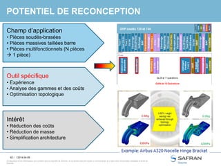 92 /
Ce document et les informations qu’il contient sont la propriété de Snecma. Ils ne doivent pas être copiés ni communiqués à un tiers sans l’autorisation préalable et écrite de
Snecma.
POTENTIEL DE RECONCEPTION
/ 2014-04-09
Champ d’application
• Pièces soudés-brasées
• Pièces massives taillées barre
• Pièces multifonctionnels (N pièces
 1 pièce)
Outil spécifique
• Expérience
• Analyse des gammes et des coûts
• Optimisation topologique
Intérêt
• Réduction des coûts
• Réduction de masse
• Simplification architecture
 