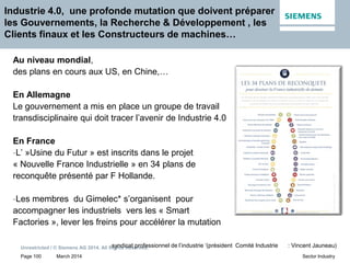 March 2014
Unrestricted / © Siemens AG 2014. All Rights Reserved.
Page 100 Sector Industry
Industrie 4.0, une profonde mutation que doivent préparer
les Gouvernements, la Recherche & Développement , les
Clients finaux et les Constructeurs de machines…
Au niveau mondial,
des plans en cours aux US, en Chine,…
En Allemagne
Le gouvernement a mis en place un groupe de travail
transdisciplinaire qui doit tracer l’avenir de Industrie 4.0
En France
-L’ »Usine du Futur » est inscrits dans le projet
« Nouvelle France Industrielle » en 34 plans de
reconquête présenté par F Hollande.
-Les membres du Gimelec* s’organisent pour
accompagner les industriels vers les « Smart
Factories », lever les freins pour accélérer la mutation
syndicat professionnel de l’industrie ‘(président Comité Industrie : Vincent Jauneau)
 