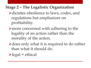 Stage 2 – The Legalistic Organization
dictates obedience to laws, codes, and
regulations but emphasizes on
profitability.
more concerned with adhering to the
legality of an action rather than the
morality of the action.
does only what it is required to do rather
than what it should do.
legal = ethical