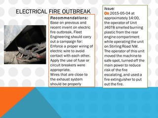 ELECTRICAL FIRE OUTBREAK
Recommendations:
Base on previous and
recent invent on electric
fire outbreak, Fleet
Engineering should carry
out a campaign for:
Enforce a proper wiring of
electric wire to avoid
contact with each other.
Apply the use of fuse or
circuit breakers were
appropriate.
Wires that are close to
the exhaust system
should be properly
 
