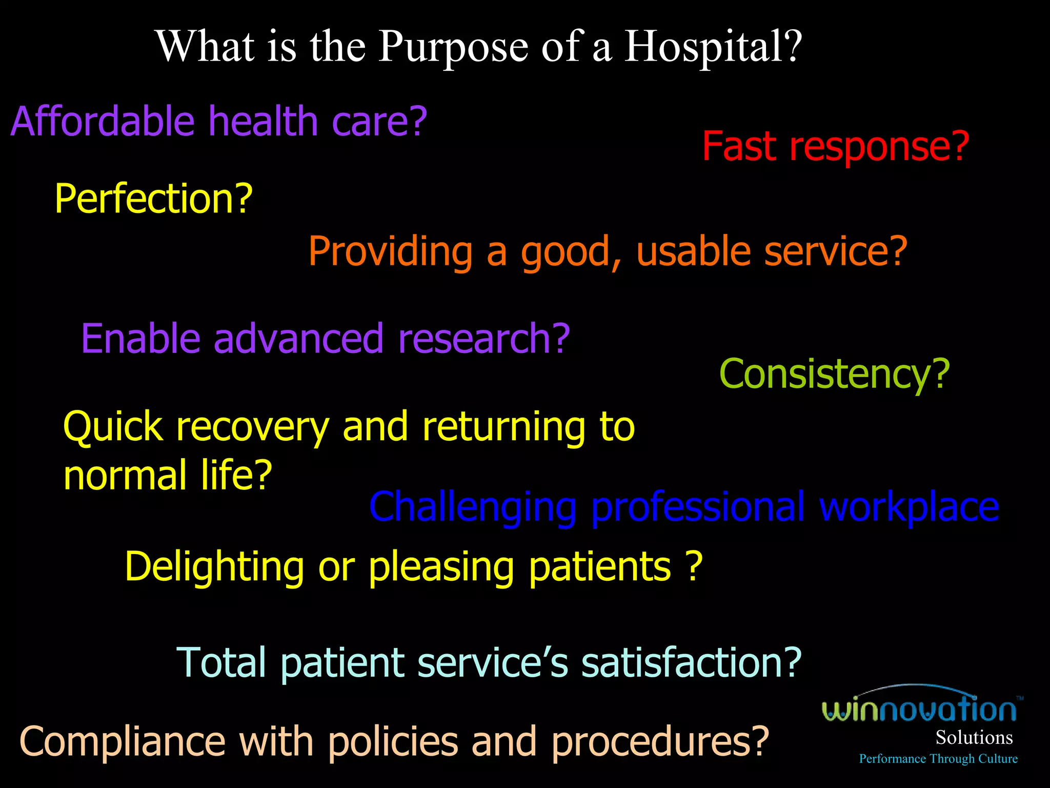 Perfection? Consistency? Enable advanced research? Fast response? Compliance with policies and procedures? Providing a good, usable service? Challenging professional workplace Quick recovery and returning to normal life?  Total patient service’s satisfaction? What is the Purpose of a Hospital? Delighting or pleasing patients ? Affordable health care? Solutions Performance Through Culture 