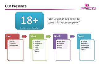 Our Presence
East
• Kolkata
• Guwahati
• Bhubaneswar
West
• Mumbai
• Ahmedabad
• Baroda
• Pune
• Indore
• Nagpur
North
• New Delhi
• Ludhiana
• Jaipur
• Noida
South
• Chennai
• Bengaluru
• Hyderabad
• Vijayawada
• Kochi
Locations across the nation
“We’ve expanded coast to
coast with room to grow.”
 
