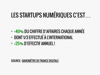 LES STARTUPS NUMÉRIQUES C’EST…
• +40% DU CHIFFRE D’AFFAIRES CHAQUE ANNÉE
• DONT 1/3 EFFECTUÉ À L’INTERNATIONAL
• +25% D’EF...