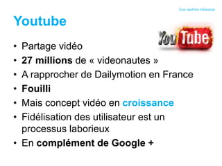 Youtube
• Partage vidéo
• 27 millions de « videonautes »
• A rapprocher de Dailymotion en France
• Fouilli
• Mais concept vidéo en croissance
• Fidélisation des utilisateur est un
processus laborieux
• En complément de Google +
Les autres réseaux
 