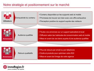 Notre stratégie et positionnement sur le marché
Exhaustivité du contenu
Audience qualifiée
Retours qualitatifs
Contenu disponible sur les supports web et mobile
Promesse de trouver son bien avec une offre exhaustive
Perception positive du support auprès des visiteurs
Annonceurs
Toutes vos annonces sur un support spécialisé et local
Diffusion selon les habitudes de consommation web et mobile
Mise en avant de vos biens auprès d’une audience qualifiée
Plus de retours par email ou par téléphone
Outils et produits pour optimiser votre ROI
Mise en avant de l’image de votre agence
Utilisateurs
Annonceurs
 