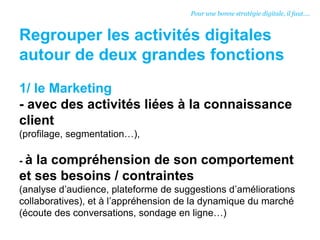 Regrouper les activités digitales
autour de deux grandes fonctions
1/ le Marketing
- avec des activités liées à la connaissance
client
(profilage, segmentation…),
- à la compréhension de son comportement
et ses besoins / contraintes
(analyse d’audience, plateforme de suggestions d’améliorations
collaboratives), et à l’appréhension de la dynamique du marché
(écoute des conversations, sondage en ligne…)
Pour une bonne stratégie digitale, il faut….
 