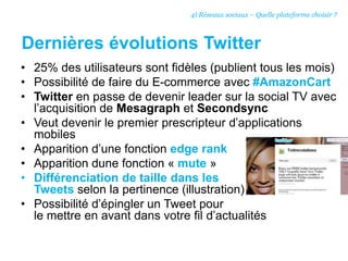 Dernières évolutions Twitter
• 25% des utilisateurs sont fidèles (publient tous les mois)
• Possibilité de faire du E-commerce avec #AmazonCart
• Twitter en passe de devenir leader sur la social TV avec
l’acquisition de Mesagraph et Secondsync
• Veut devenir le premier prescripteur d’applications
mobiles
• Apparition d’une fonction edge rank
• Apparition dune fonction « mute »
• Différenciation de taille dans les
Tweets selon la pertinence (illustration)
• Possibilité d’épingler un Tweet pour
le mettre en avant dans votre fil d’actualités
4) Réseaux sociaux – Quelle plateforme choisir ?
 