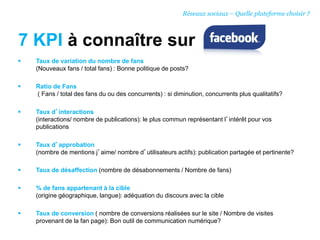7 KPI à connaître sur
 Taux de variation du nombre de fans
(Nouveaux fans / total fans) : Bonne politique de posts?
 Ratio de Fans
( Fans / total des fans du ou des concurrents) : si diminution, concurrents plus qualitatifs?
 Taux d’interactions
(interactions/ nombre de publications): le plus commun représentant l’intérêt pour vos
publications
 Taux d’approbation
(nombre de mentions j’aime/ nombre d’utilisateurs actifs): publication partagée et pertinente?
 Taux de désaffection (nombre de désabonnements / Nombre de fans)
 % de fans appartenant à la cible
(origine géographique, langue): adéquation du discours avec la cible
 Taux de conversion ( nombre de conversions réalisées sur le site / Nombre de visites
provenant de la fan page): Bon outil de communication numérique?
Réseaux sociaux – Quelle plateforme choisir ?
 