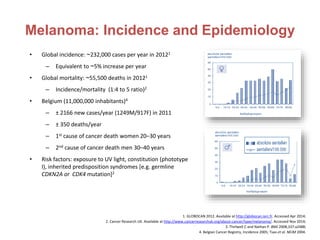 Melanoma: Incidence and Epidemiology
• Global incidence: ~232,000 cases per year in 20121
– Equivalent to ~5% increase per year
• Global mortality: ~55,500 deaths in 20121
– Incidence/mortality (1:4 to 5 ratio)2
• Belgium (11,000,000 inhabitants)4
– ± 2166 new cases/year (1249M/917F) in 2011
– ± 350 deaths/year
– 1st cause of cancer death women 20–30 years
– 2nd cause of cancer death men 30–40 years
• Risk factors: exposure to UV light, constitution (phototype
I), inherited predisposition syndromes [e.g. germline
CDKN2A or CDK4 mutation]2
1. GLOBOCAN 2012. Available at http://globocan.iarc.fr. Accessed Apr 2014;
2. Cancer Research UK. Available at http://www.cancerresearchuk.org/about-cancer/type/melanoma/. Accessed Nov 2014;
3. Thirlwell C and Nathan P. BMJ 2008;337:a2488;
4. Belgian Cancer Registry, Incidence 2005; Tsao et al. NEJM 2004.
 
