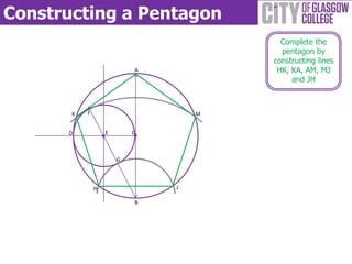 Constructing a Pentagon
B
A
C
Complete the
pentagon by
constructing lines
HK, KA, AM, MJ
and JH
D E
F
G
H J
K M
 