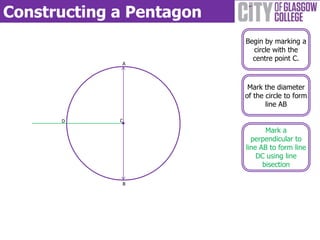 Constructing a Pentagon
B
A
C
Begin by marking a
circle with the
centre point C.
Mark the diameter
of the circle to form
line AB
Mark a
perpendicular to
line AB to form line
DC using line
bisection
D
 
