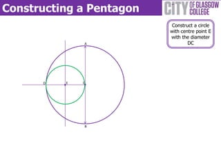 Constructing a Pentagon
B
A
C
Construct a circle
with centre point E
with the diameter
DC
D E
 