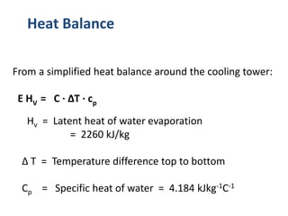 Heat Balance
From a simplified heat balance around the cooling tower:
E HV = C · ΔT · cp
Hv = Latent heat of water evaporation
= 2260 kJ/kg
Δ T = Temperature difference top to bottom
Cp = Specific heat of water = 4.184 kJkg-1C-1
 