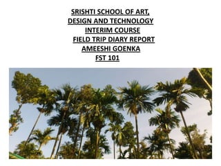 SRISHTI SCHOOL OF ART,
DESIGN AND TECHNOLOGY
     INTERIM COURSE
 FIELD TRIP DIARY REPORT
    AMEESHI GOENKA
        FST 101
 