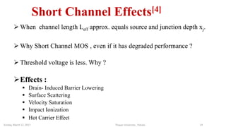 Thapar University , PatialaSunday, March 12, 2017 14
 When channel length Leff approx. equals source and junction depth xj.
 Why Short Channel MOS , even if it has degraded performance ?
 Threshold voltage is less. Why ?
Effects :
 Drain- Induced Barrier Lowering
 Surface Scattering
 Velocity Saturation
 Impact Ionization
 Hot Carrier Effect
Short Channel Effects[4]
 