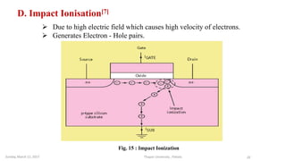 Thapar University , PatialaSunday, March 12, 2017 20
D. Impact Ionisation[7]
 Due to high electric field which causes high velocity of electrons.
 Generates Electron - Hole pairs.
Fig. 15 : Impact Ionization
 