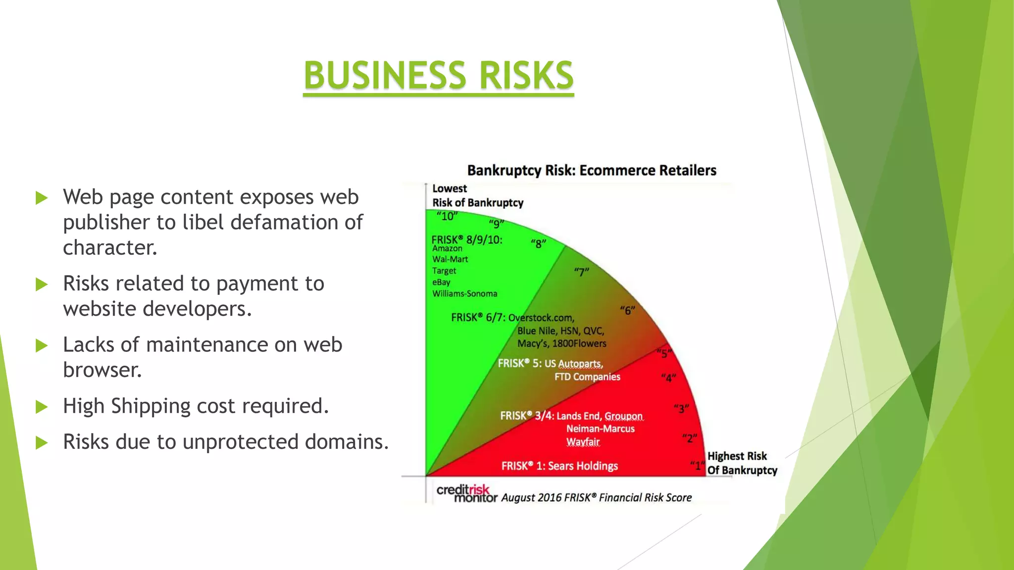  Web page content exposes web
publisher to libel defamation of
character.
 Risks related to payment to
website developers.
 Lacks of maintenance on web
browser.
 High Shipping cost required.
 Risks due to unprotected domains.
BUSINESS RISKS
 