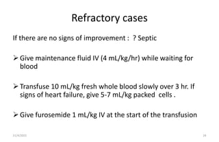 Refractory cases
If there are no signs of improvement : ? Septic
Give maintenance fluid IV (4 mL/kg/hr) while waiting for...