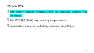 The year 1971
 The Family Pension Scheme (FPS) for industrial workers was
introduced.
 The MTP Bill (1969) was passed by the parliament.
 A committee was set up to draft legislation on air pollution.
35
 