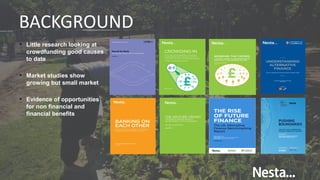 CROWDFUNDING GOOD CAUSES
Opportunities and challenges for charities,
community groups and social entrepreneurs
BACKGROUND
• Little research looking at
crowdfunding good causes
to date
• Market studies show
growing but small market
• Evidence of opportunities
for non financial and
financial benefits
 
