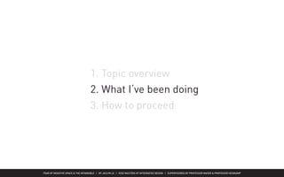 FEAR OF NEGATIVE SPACE & THE INTANGIBLE | BY JACLYN LE | KISD MASTERS OF INTEGRATED DESIGN | SUPERVISORED BY PROFESSOR MAGER & PROFESSOR HEIDKAMP
1. Topic overview
2. What I‘ve been doing
3. How to proceed
 