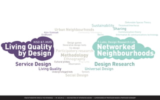 FEAR OF NEGATIVE SPACE & THE INTANGIBLE | BY JACLYN LE | KISD MASTERS OF INTEGRATED DESIGN | SUPERVISORED BY PROFESSOR MAGER & PROFESSOR HEIDKAMP
Social Design
Service Design Design Research
Seniors
Sustainability
Information & communications technology
SharingUrban Neighbourhoods
Living Quality
Community informatics
Participatory research
Generative design tools
Köln-Südstadt
Berlin
Prop cards
Design games
Methodology
Cultural probes
Underprivileged kids
Eindhoven
Communication theory
KISD &T-HUIS T-Labs, Design Research Lab
Ethnography
Observation
Threshold Interfaces
Defensible Spaces Theory
Co-designLiving Quality
by Design
Networked
Neighbourhoods
Universal Design
 