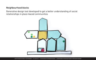 FEAR OF NEGATIVE SPACE & THE INTANGIBLE | BY JACLYN LE | KISD MASTERS OF INTEGRATED DESIGN | SUPERVISORED BY PROFESSOR MAGER & PROFESSOR HEIDKAMP
Neighbourhood blocks
Generative design tool developed to get a better understanding of social
relationships in place-baced communities
 