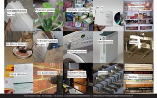 FEAR OF NEGATIVE SPACE & THE INTANGIBLE | BY JACLYN LE | KISD MASTERS OF INTEGRATED DESIGN | SUPERVISORED BY PROFESSOR MAGER & PROFESSOR HEIDKAMP
Schallplatte
Zeitschrift
Fahrrad
Videorekorder
und Kamera
Zutaten
Werkzeug
DVD’s Lebensmittel
Spielkonsole Beamer
Besteck
Bücher
den Briefkasten
leeren
die Katze füttern
Paket abholen
Computer Netzwerk
einen Hund Gassi
führen
Hilfe bei den
Steuern
Pflanzen gießen Einkäufe erledigen
Schwere Sachen
tragen
ein Loch bohren Schwere Dinge
Transportieren
Waschmaschine
 