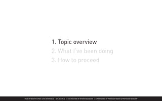 FEAR OF NEGATIVE SPACE & THE INTANGIBLE | BY JACLYN LE | KISD MASTERS OF INTEGRATED DESIGN | SUPERVISORED BY PROFESSOR MAGER & PROFESSOR HEIDKAMP
1. Topic overview
2. What I‘ve been doing
3. How to proceed
 
