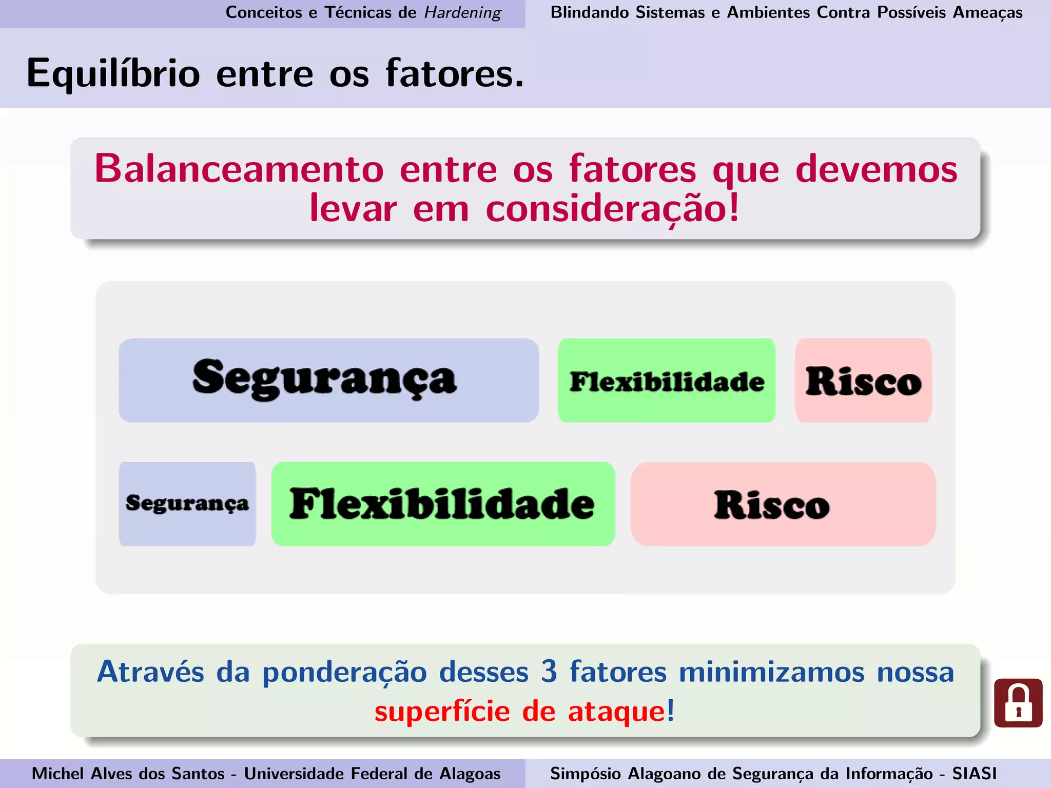 Conceitos e Técnicas de Hardening Blindando Sistemas e Ambientes Contra Possíveis Ameaças
Equilíbrio entre os fatores.
Balanceamento entre os fatores que devemos
levar em consideração!
Através da ponderação desses 3 fatores minimizamos nossa
superfície de ataque!
Michel Alves dos Santos - Universidade Federal de Alagoas Simpósio Alagoano de Segurança da Informação - SIASI
 