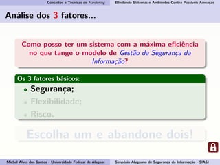 Conceitos e Técnicas de Hardening Blindando Sistemas e Ambientes Contra Possíveis Ameaças
Análise dos 3 fatores...
Como posso ter um sistema com a máxima eﬁciência
no que tange o modelo de Gestão da Segurança da
Informação?
Os 3 fatores básicos:
Segurança;
Flexibilidade;
Risco.
Escolha um e abandone dois!
Michel Alves dos Santos - Universidade Federal de Alagoas Simpósio Alagoano de Segurança da Informação - SIASI
 