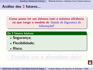 Conceitos e Técnicas de Hardening Blindando Sistemas e Ambientes Contra Possíveis Ameaças
Análise dos 3 fatores...
Como posso ter um sistema com a máxima eﬁciência
no que tange o modelo de Gestão da Segurança da
Informação?
Os 3 fatores básicos:
Segurança;
Flexibilidade;
Risco.
Escolha um e abandone dois!
Michel Alves dos Santos - Universidade Federal de Alagoas Simpósio Alagoano de Segurança da Informação - SIASI
 