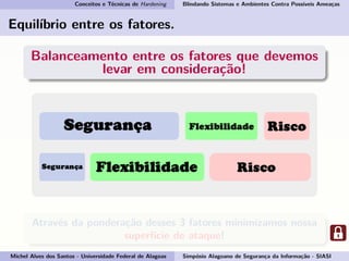 Conceitos e Técnicas de Hardening Blindando Sistemas e Ambientes Contra Possíveis Ameaças
Equilíbrio entre os fatores.
Balanceamento entre os fatores que devemos
levar em consideração!
Através da ponderação desses 3 fatores minimizamos nossa
superfície de ataque!
Michel Alves dos Santos - Universidade Federal de Alagoas Simpósio Alagoano de Segurança da Informação - SIASI
 